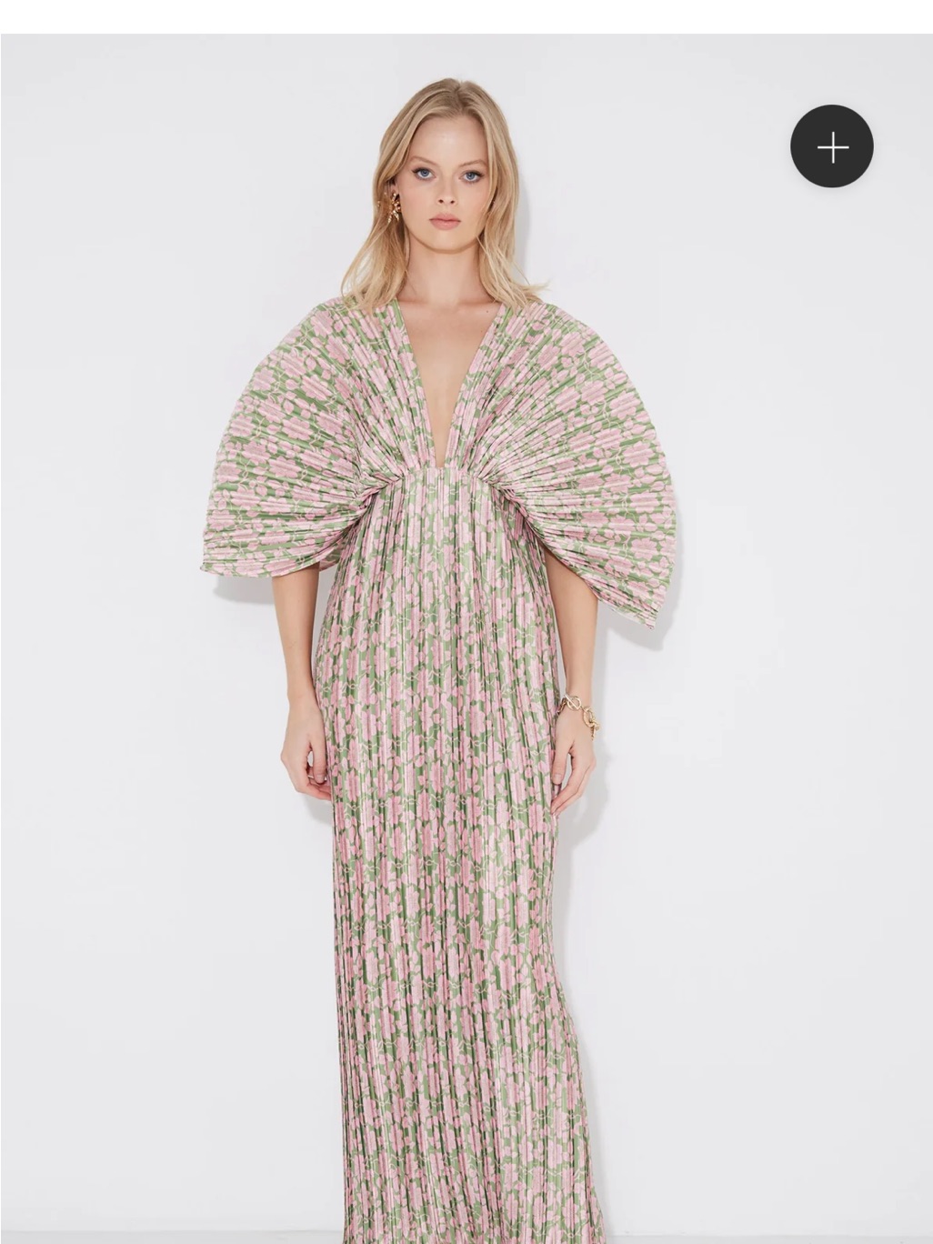 Pleated Pink & Green Maxi Dress With Dramatic Sleeves